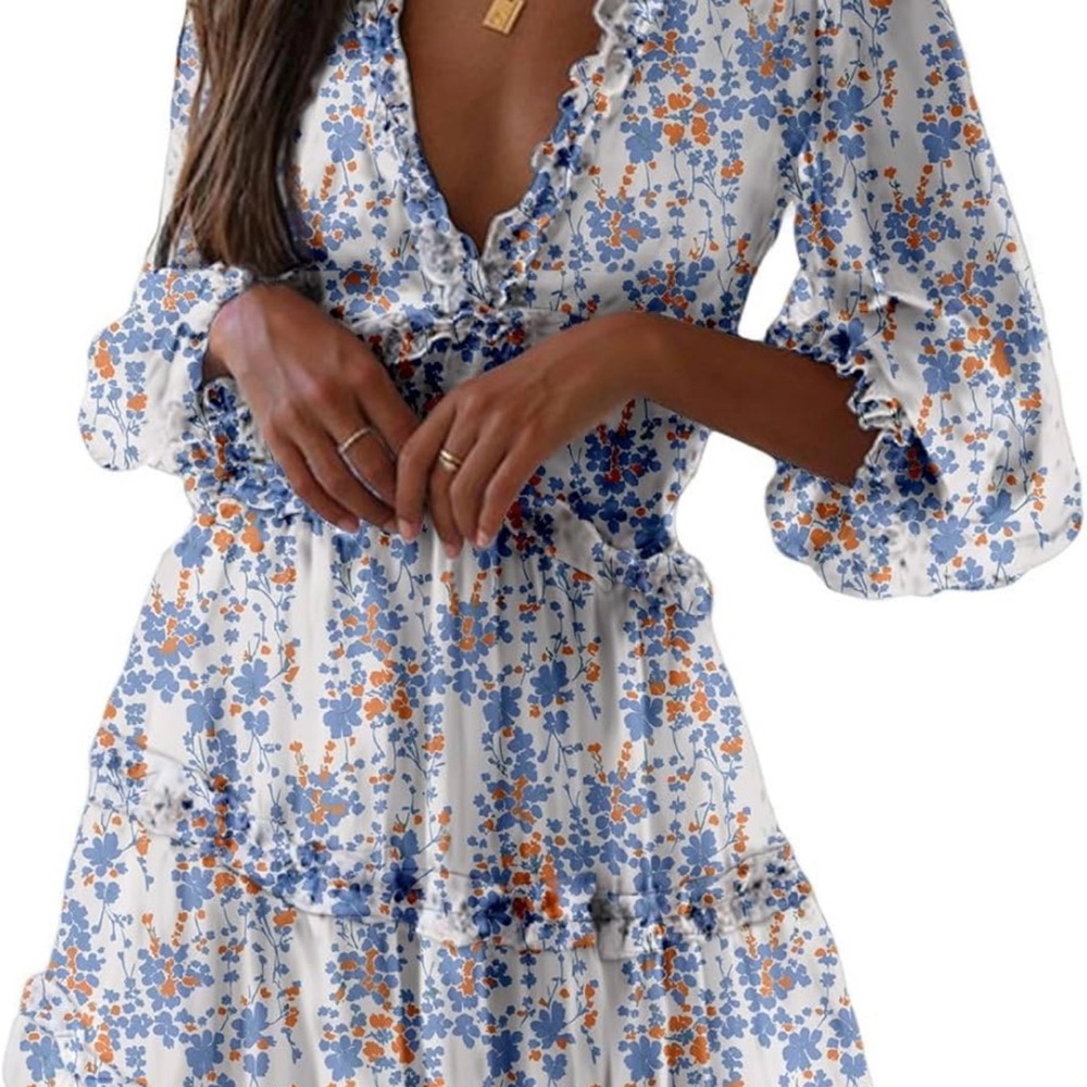 Floral Ruffle Dress in Blue and Orange